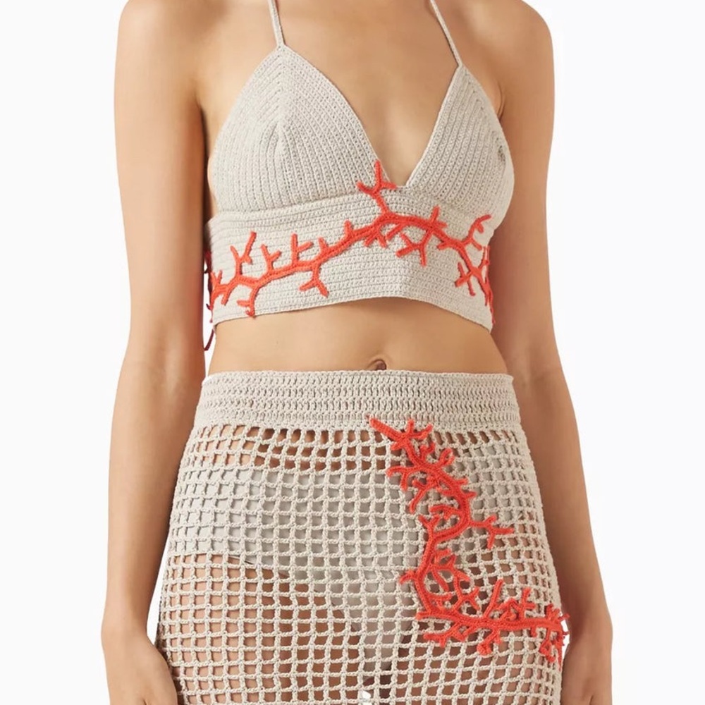 Crochet Crop Top with Coral Embroidery - Beige